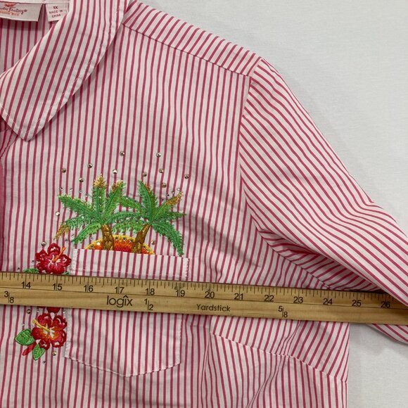Quacker Factory Top sz 1X Pink White Striped Embroidered Short Sleeve Button Up - Picture 6 of 9